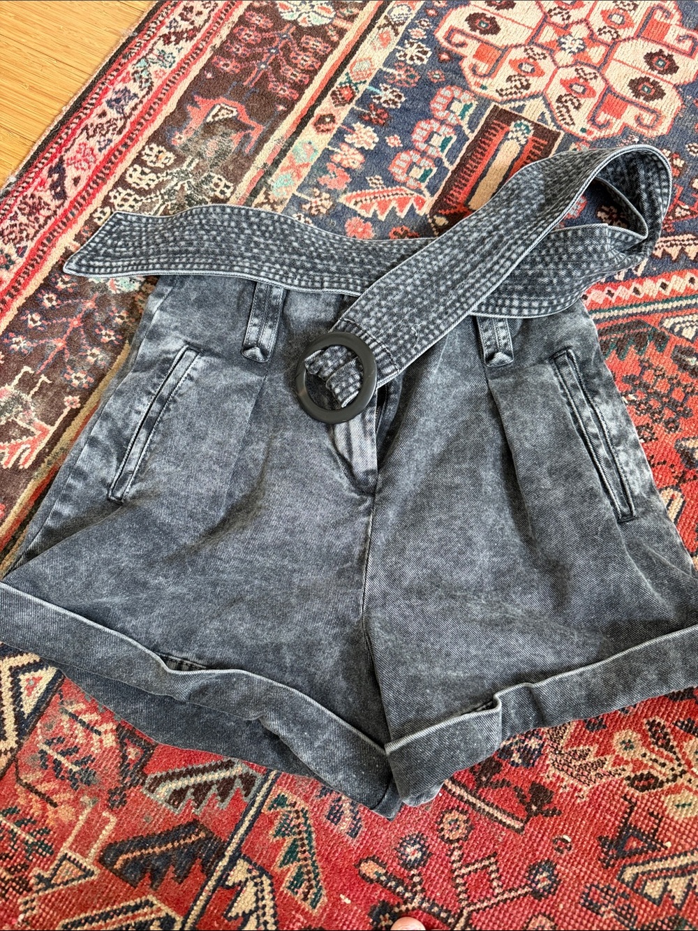 Sezane NEW ROME Washed Black High-Waist Denim Shorts with Belt size 36 4-6 us